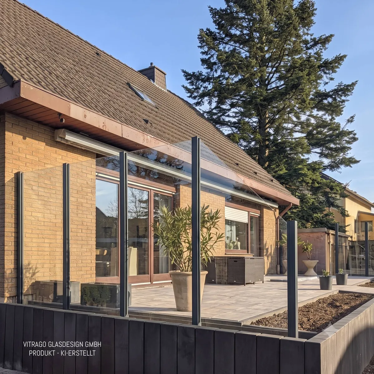 Glaszaun mit Klarglas als Windschutz vor einer Terrasse
