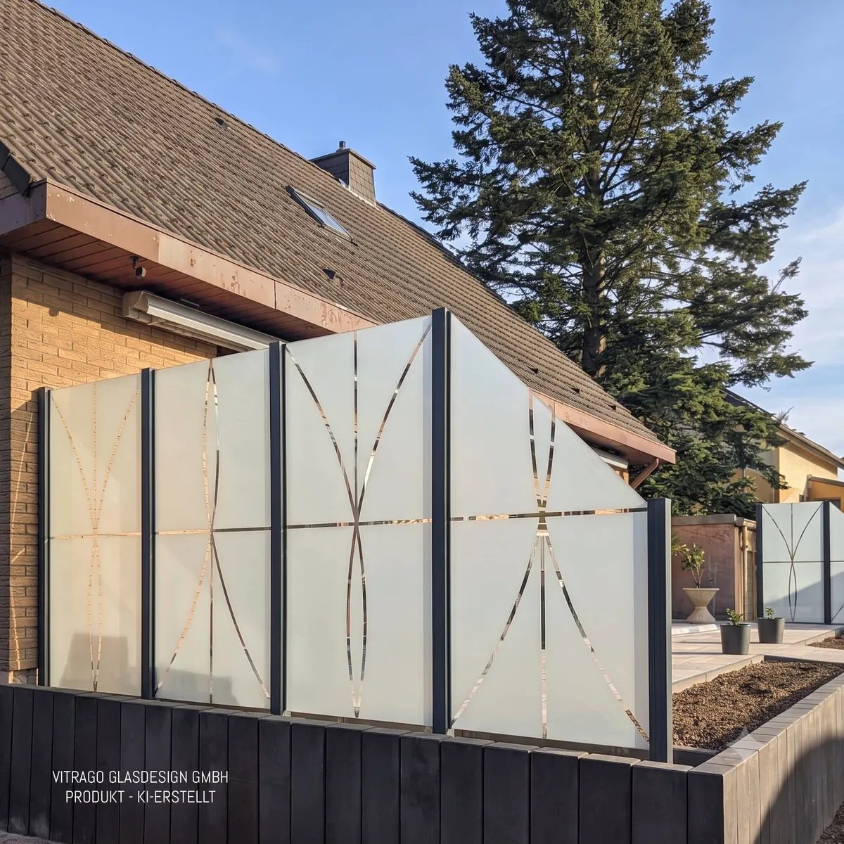 Glaszaun mit dem Motiv Elipsa und schrägem Abschluss als Sichtschutz am Haus