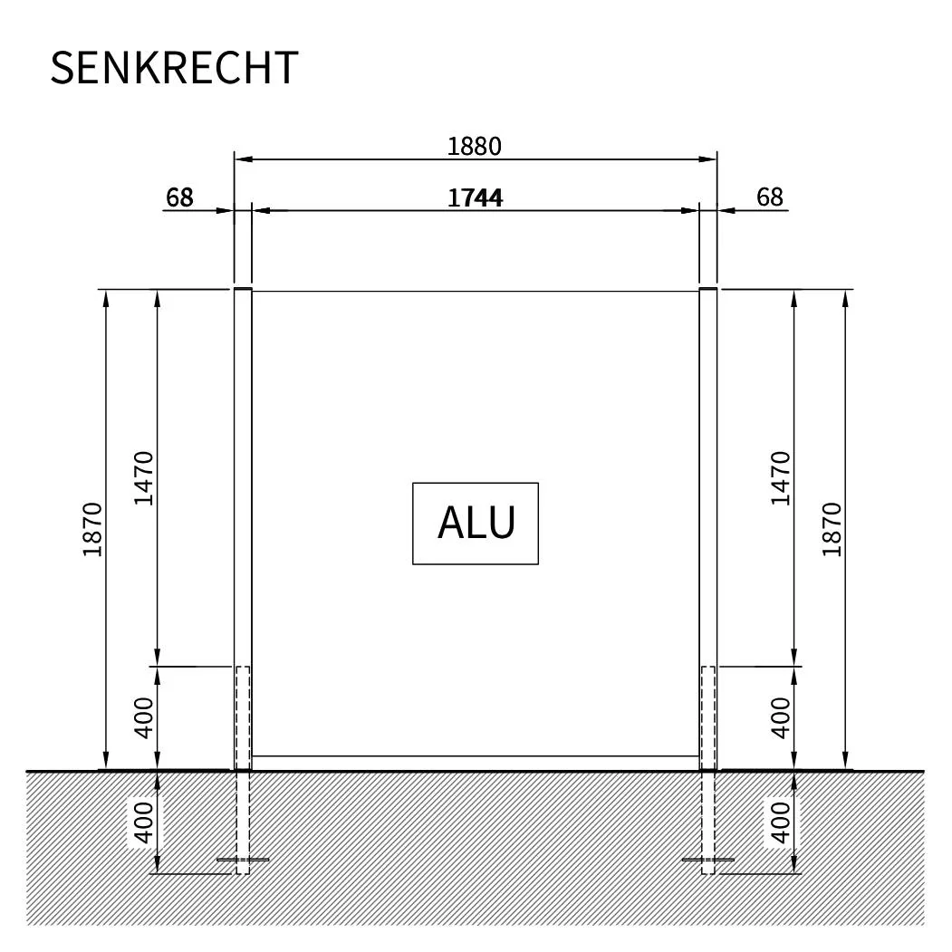 Maßskizze ALU-Zaun zum Einbetonieren
