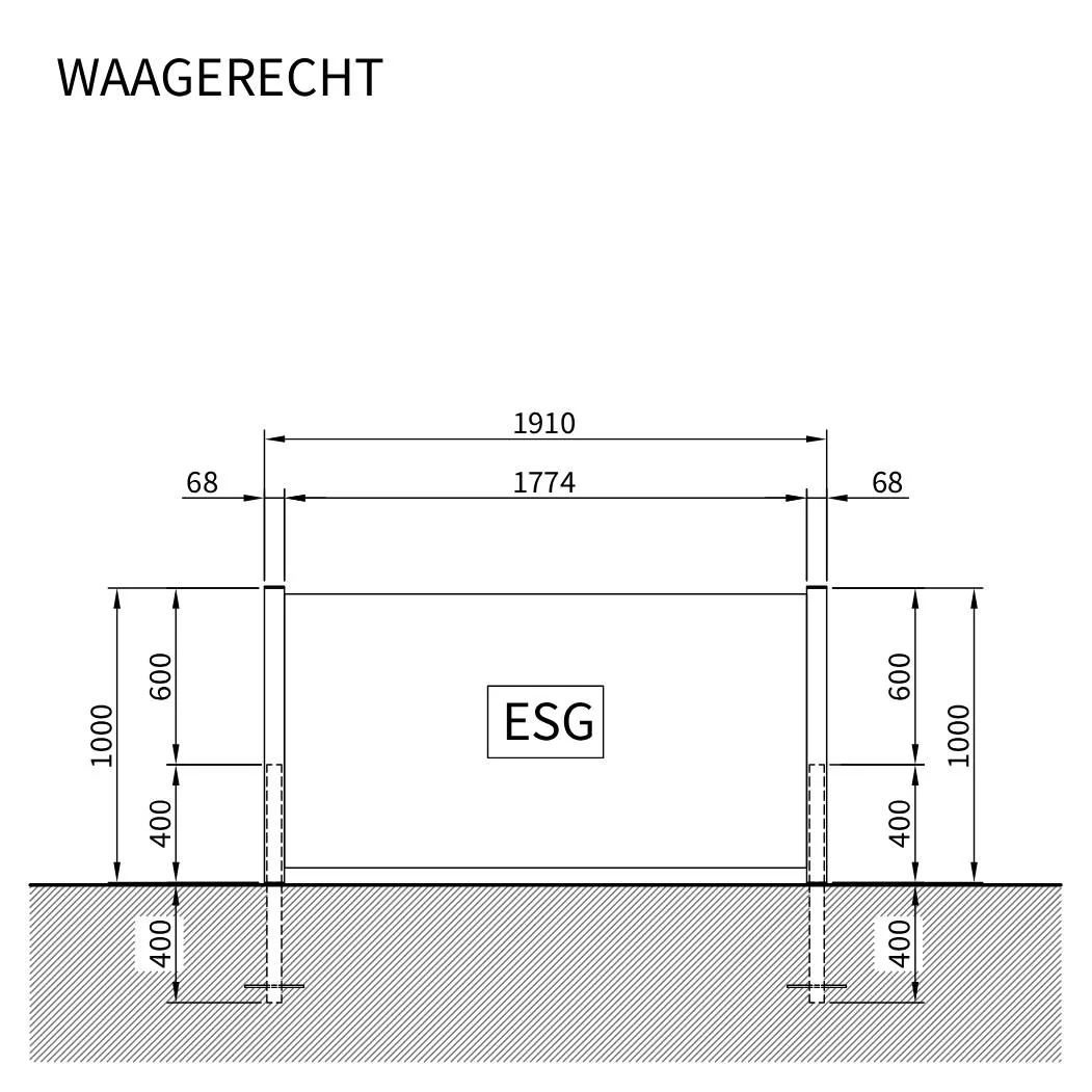 Maßskizze Windschutz aus Glas quer zum Einbetonieren