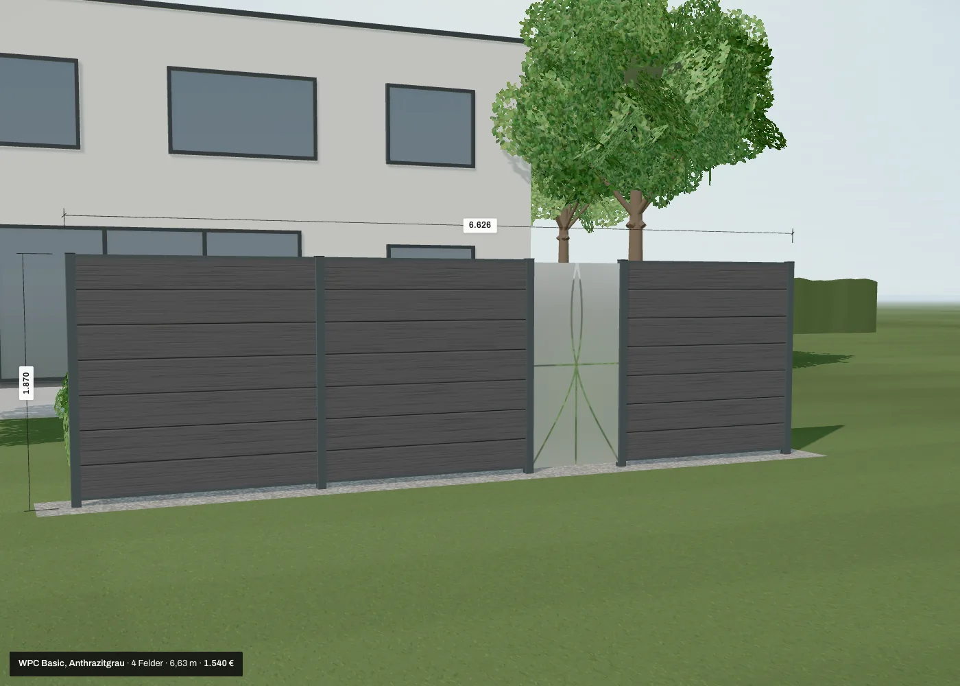 Zaun-Konfigurator in 3D: WPC-Zaun mit einem Glasfeld vor einer Terrasse, mit Maßketten und Preis